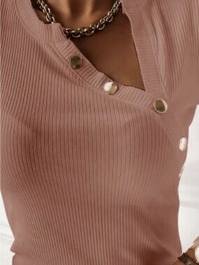 Ribbed Asymmetrical Button-Front Long Sleeve Top - Mocha